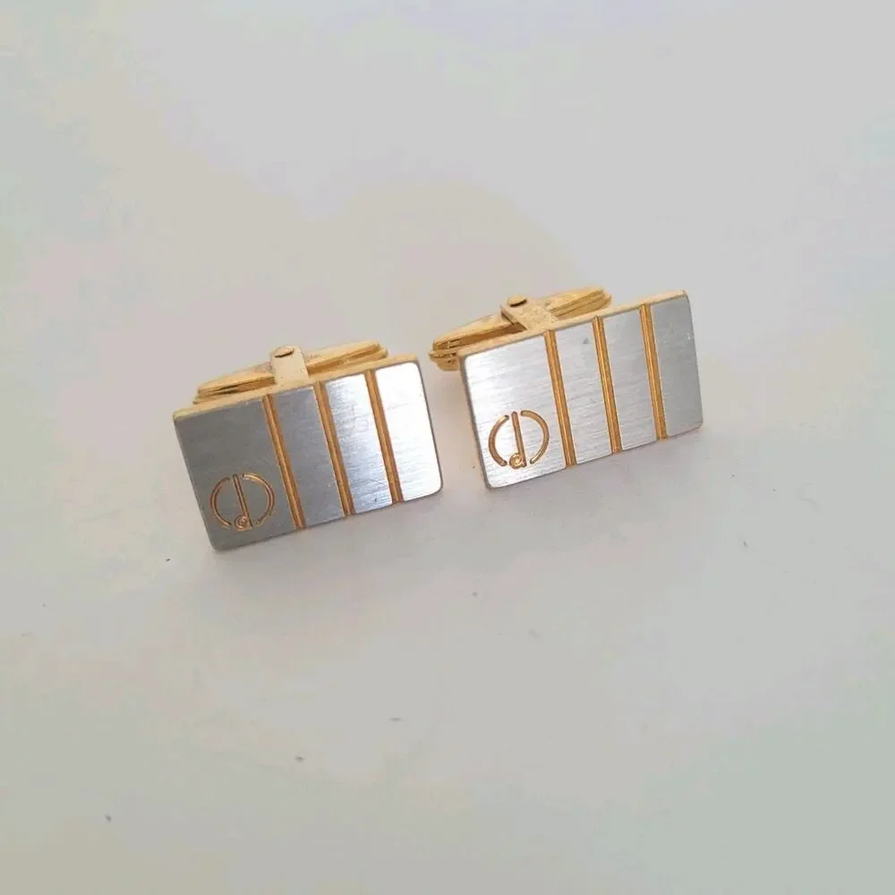 Dunhill D Cufflinks Silver Gold Tone Logo Rectangle Logo Retro Stripped Vintage